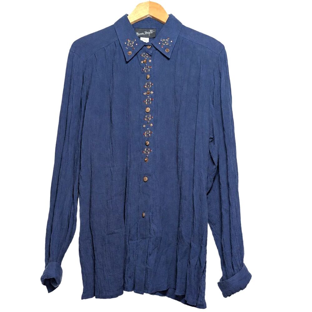 Vintage Bonnie Boynton Embellished Navy Blue Cotton Blouse Western Boho USA L